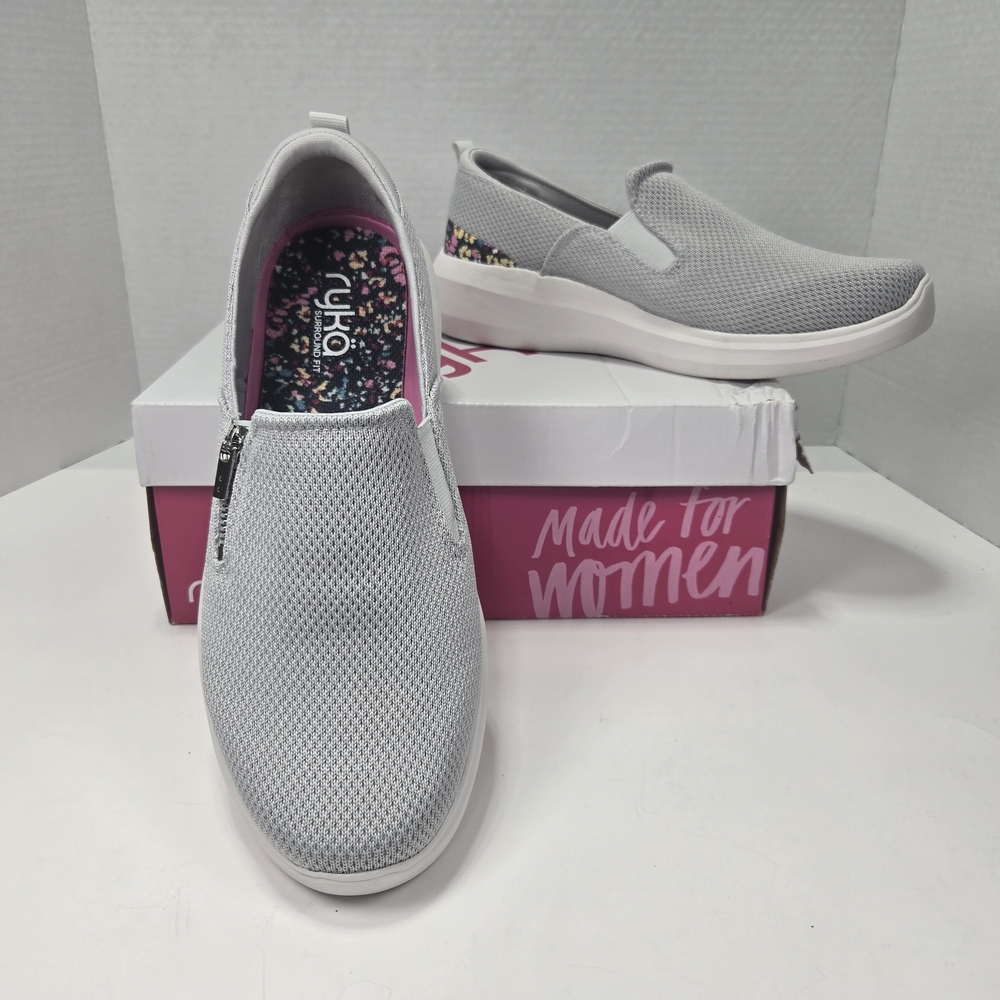 Ryka Ally Gray Slip-On Mesh Walking Sneakers w/floral Details Size 10 Wide